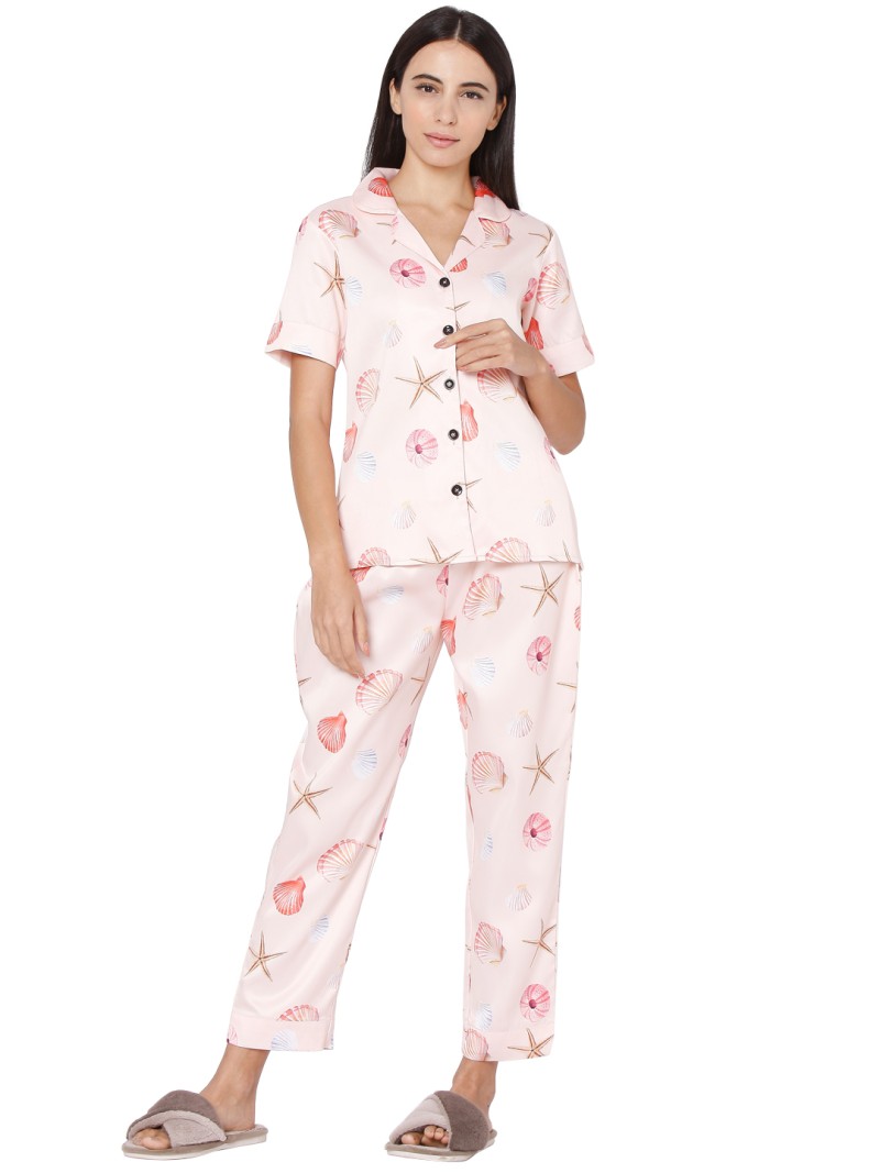Smarty Pants women's silk satin pastel pink color seashells print night suit. (SMNSP-484)