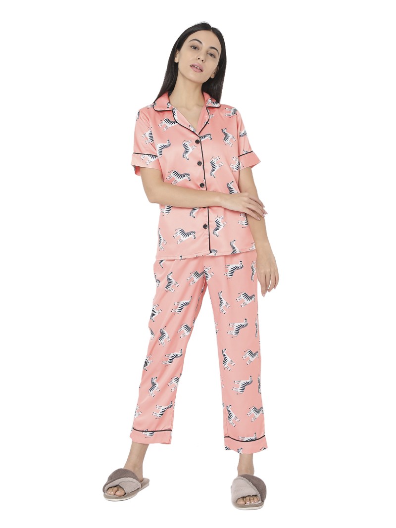 Smarty Pants women's silk satin peach color zebra print night suit.(SMNSP-485)