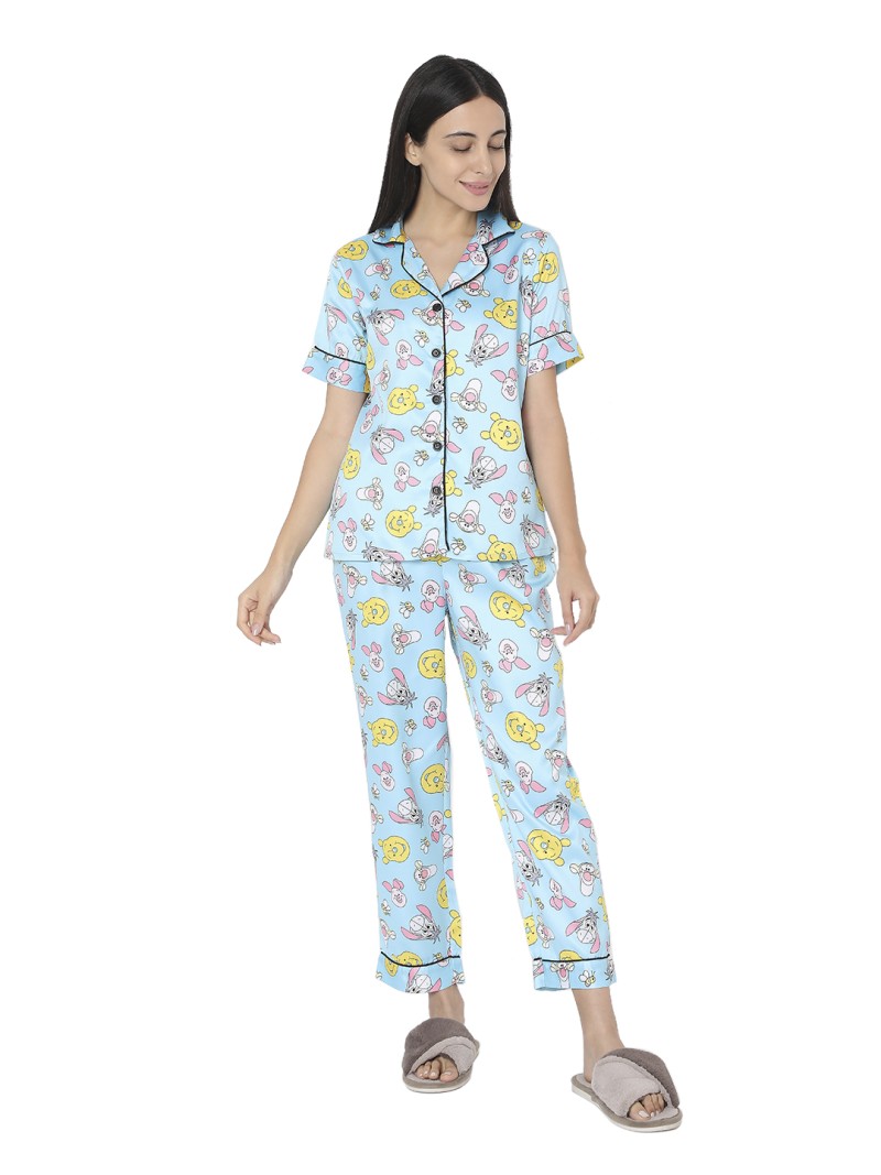 Smarty Pants women's silk satin aqua blue color color pooh print night suit.(SMNSP-486)