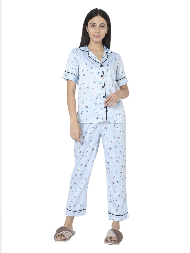 Smarty Pants women's silk satin sky blue color floral print night suit.(SMNSP-488)