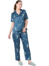 Smarty Pants women's silk satin teal blue jasmine print night suit. (SMNSP-571)