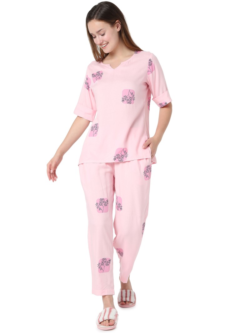 Smarty Pants women's cotton paste pink floral print night suit. (SMNSP-589C)