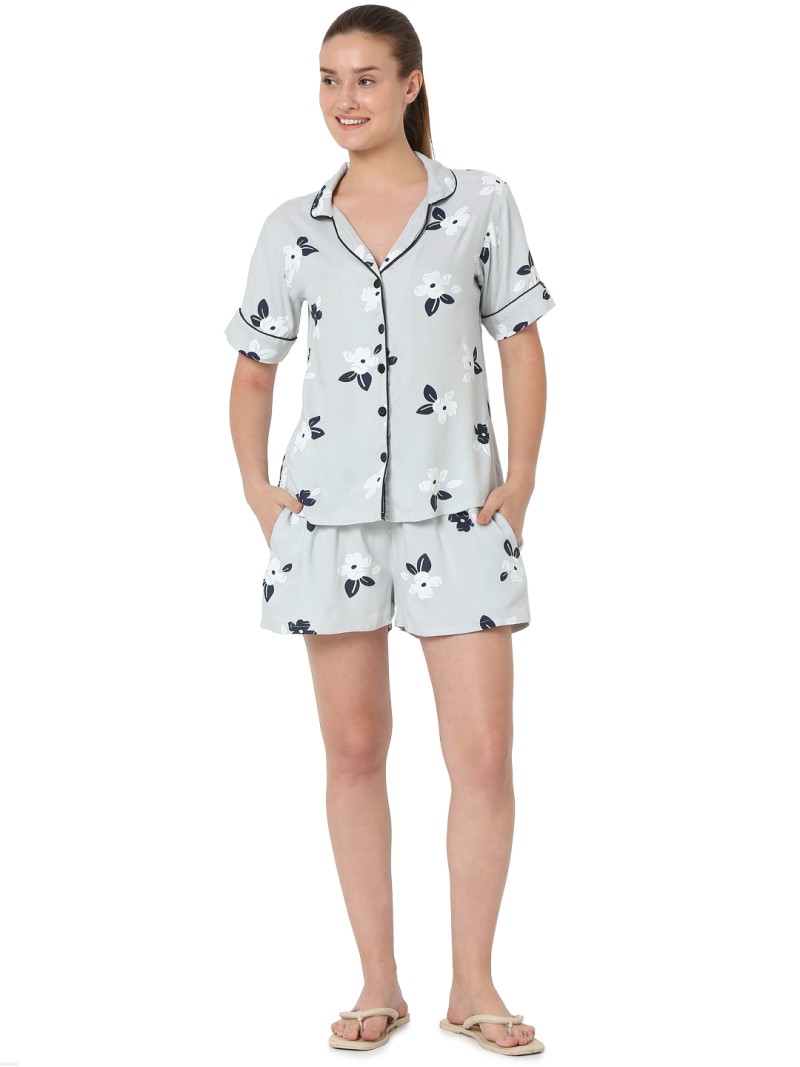 Smarty Pants women's cotton grey color floral print shorts & shirt night suit. 