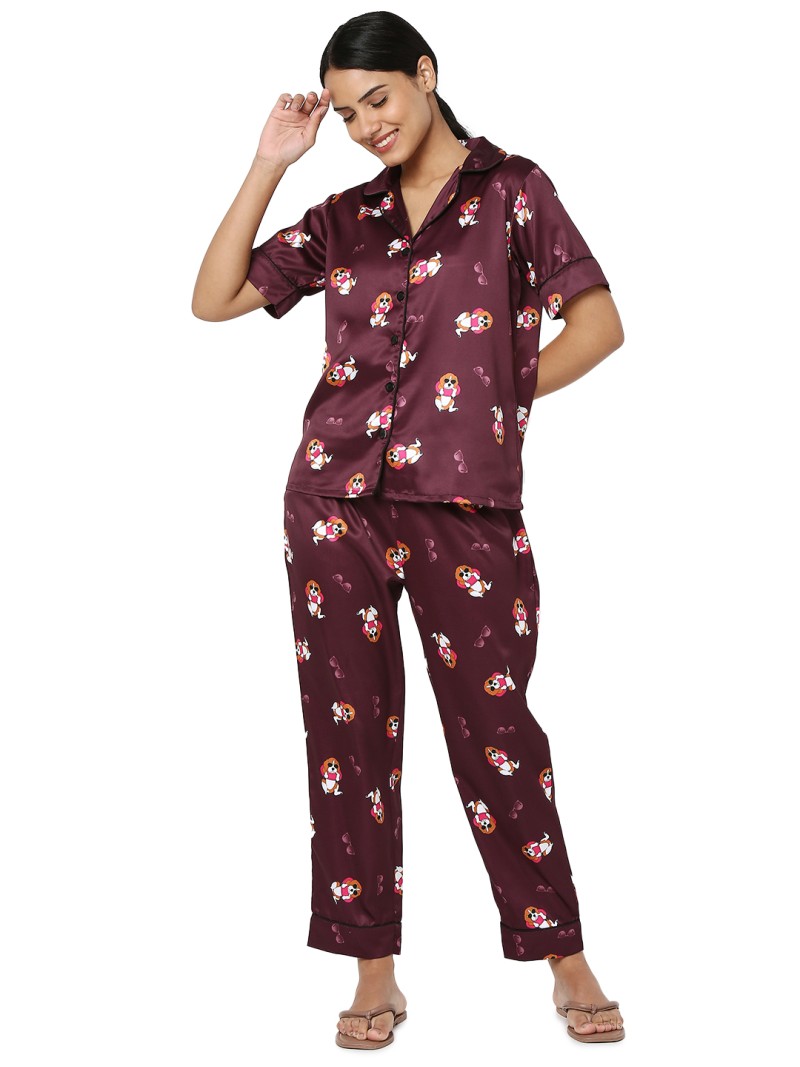 Smarty Pants women's silk satin maroon color dog print night suit. (SMNSP-792)