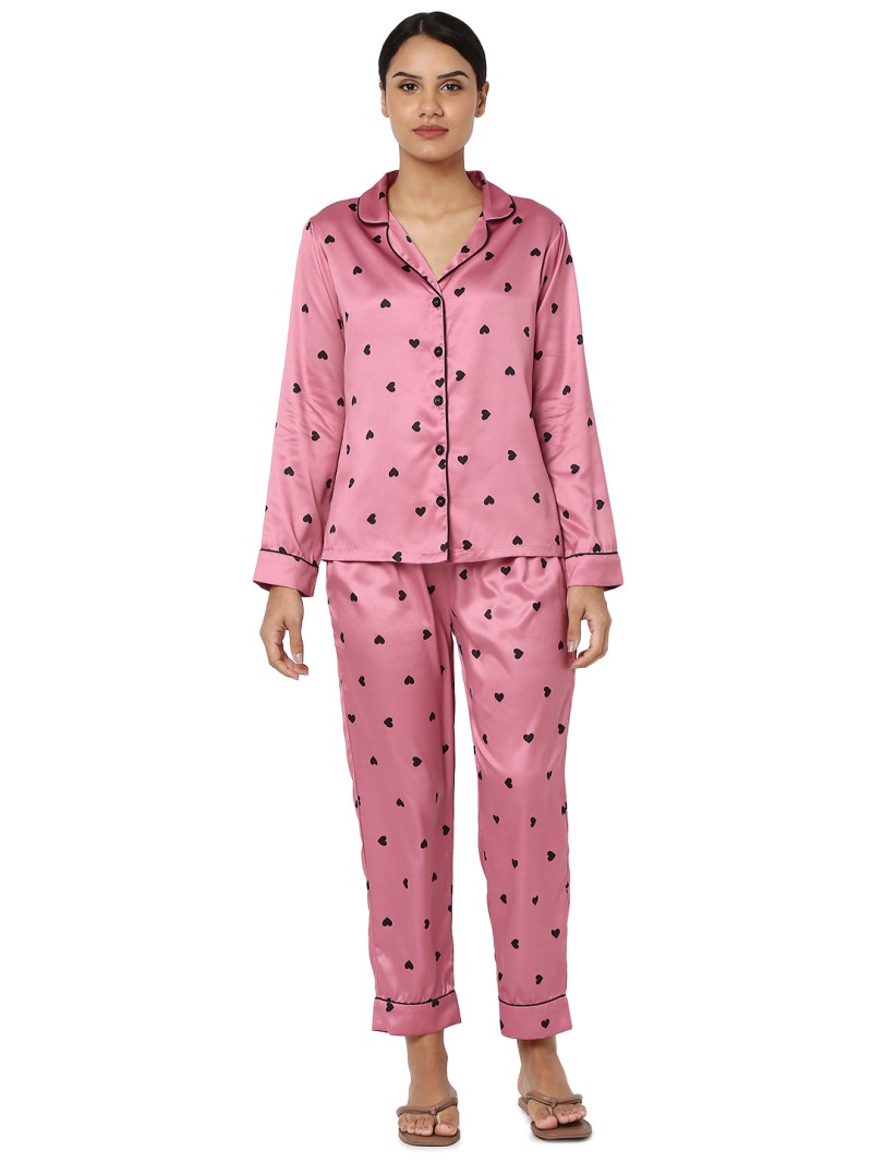 Smarty Pants women's silk satin rose gold color heart print full sleeves night suit. (SMNSP-793)
