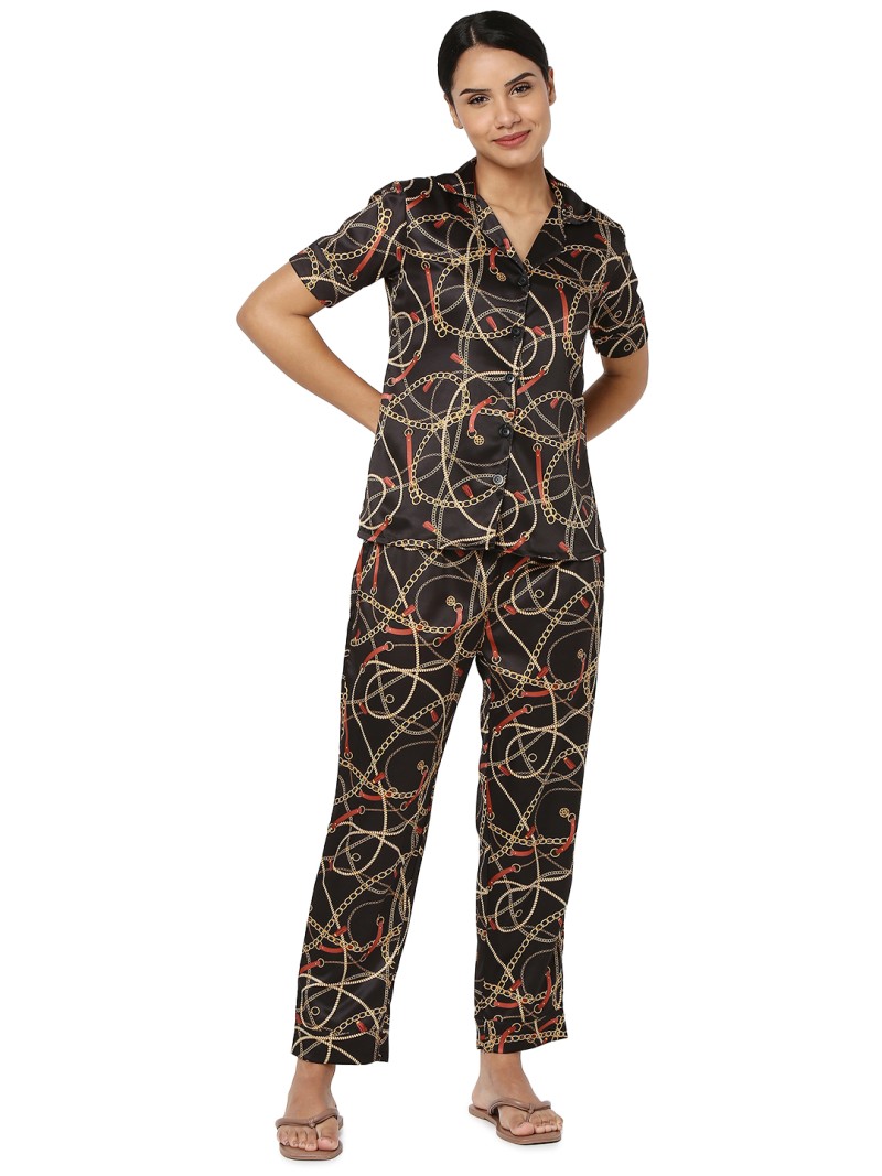 Smarty Pants women's silk satin black color chain print night suit. (SMNSP-795)