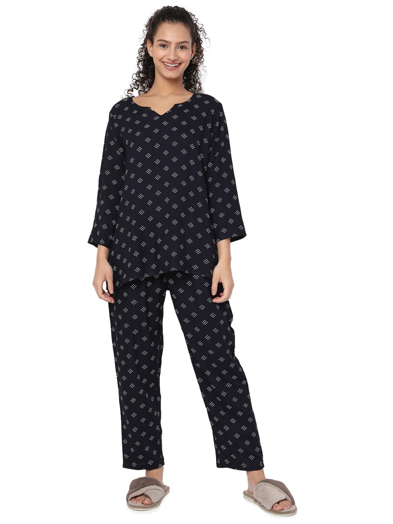 Smarty Pants women's cotton navy blue polka dot print night suit. (SMNSP-818B)