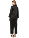 Smarty Pants women's silk satin shawl collar black color fringed night suit pair. (SMNSP-819)