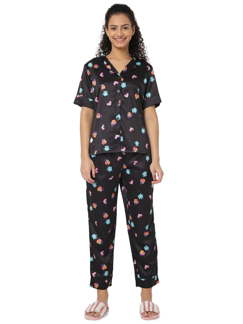 Smarty Pants women's silk satin black color owl print night suit. (SMNSP-833)