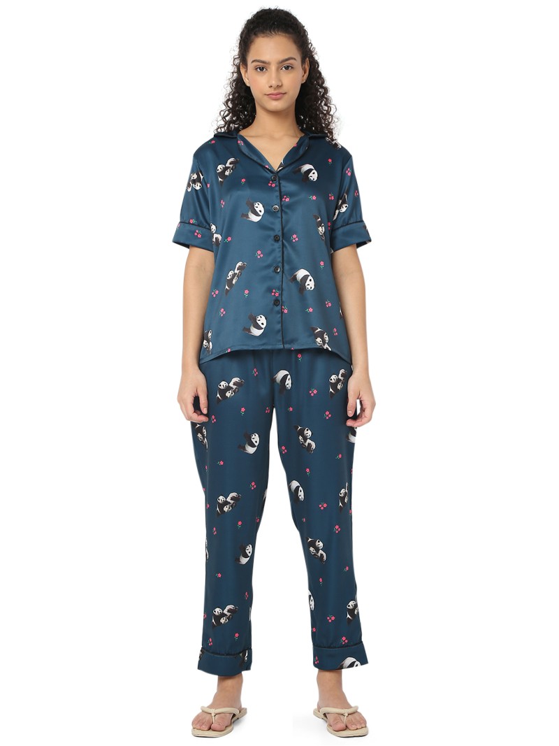 Smarty Pants women's silk satin teal blue color panda print night suit. (SMNSP-834)