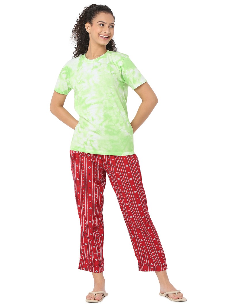 Smarty Pants women's cotton lycra lime green color t-shirt & aztec print pajama night suit set. (SMNSP-839A)
