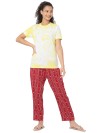 Smarty Pants women's cotton lycra lime yellow color round neck t-shirt & aztec print pajama night suit set. (SMNSP-839B)