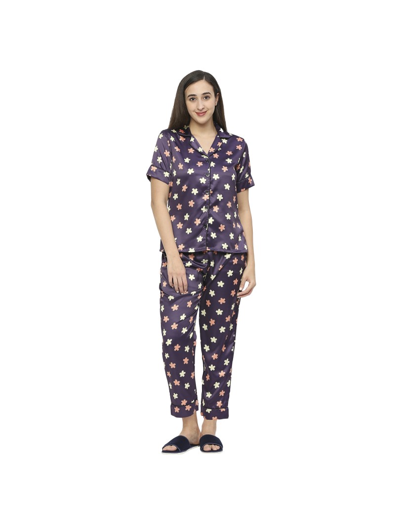 Smarty Pants women's silk satin wine color floral print night suit. (SMNSP-851A)