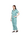 Smarty Pants women's silk satin green & white color geometric printed night suit. (SMNSP-863)