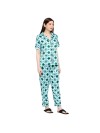 Smarty Pants women's silk satin green & white color geometric printed night suit. (SMNSP-863)