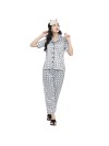 Smarty Pants women's silk satin black & white color diamond geometric printed night suit. (SMNSP-868)