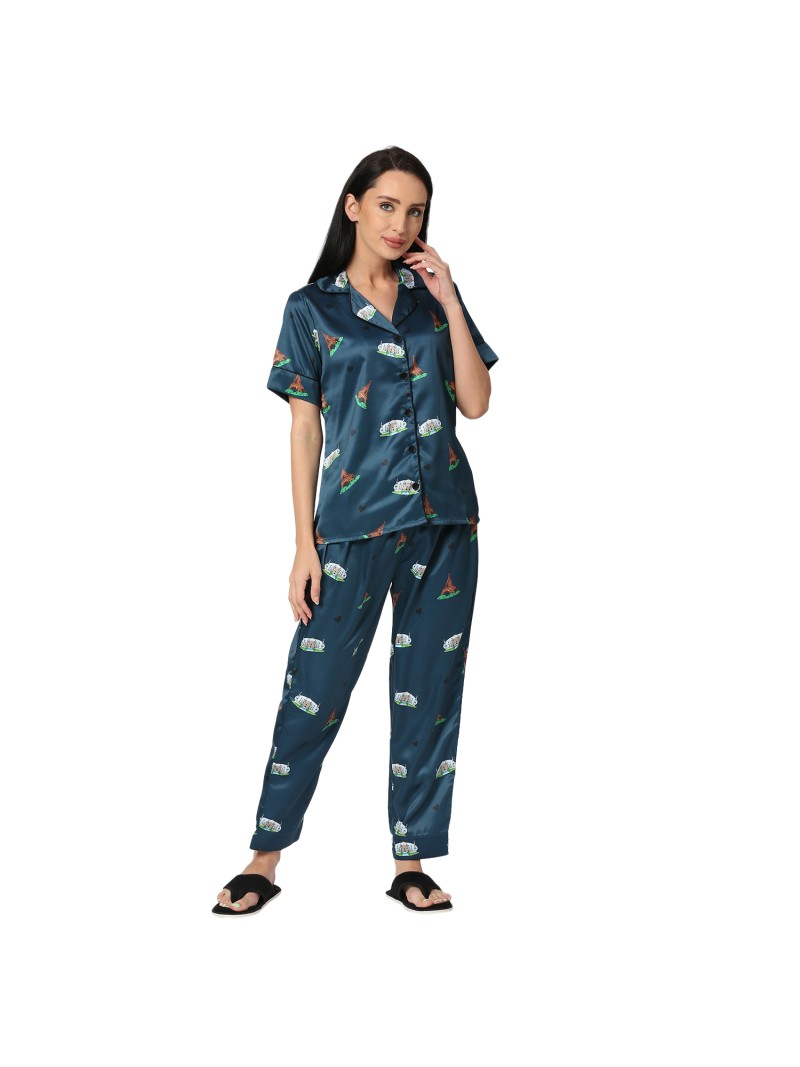 Teal Blue Color Printed Night Suit | Smarty Pants