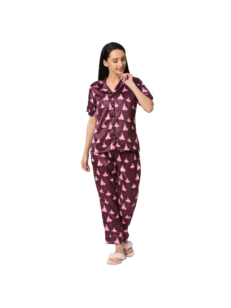 Cindrella Printed Wine Color Silk Satin Night Suit | Smarty Pants