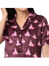 Smarty Pants women's silk satin wine color cindrella printed night suit. (SMNSP-879)