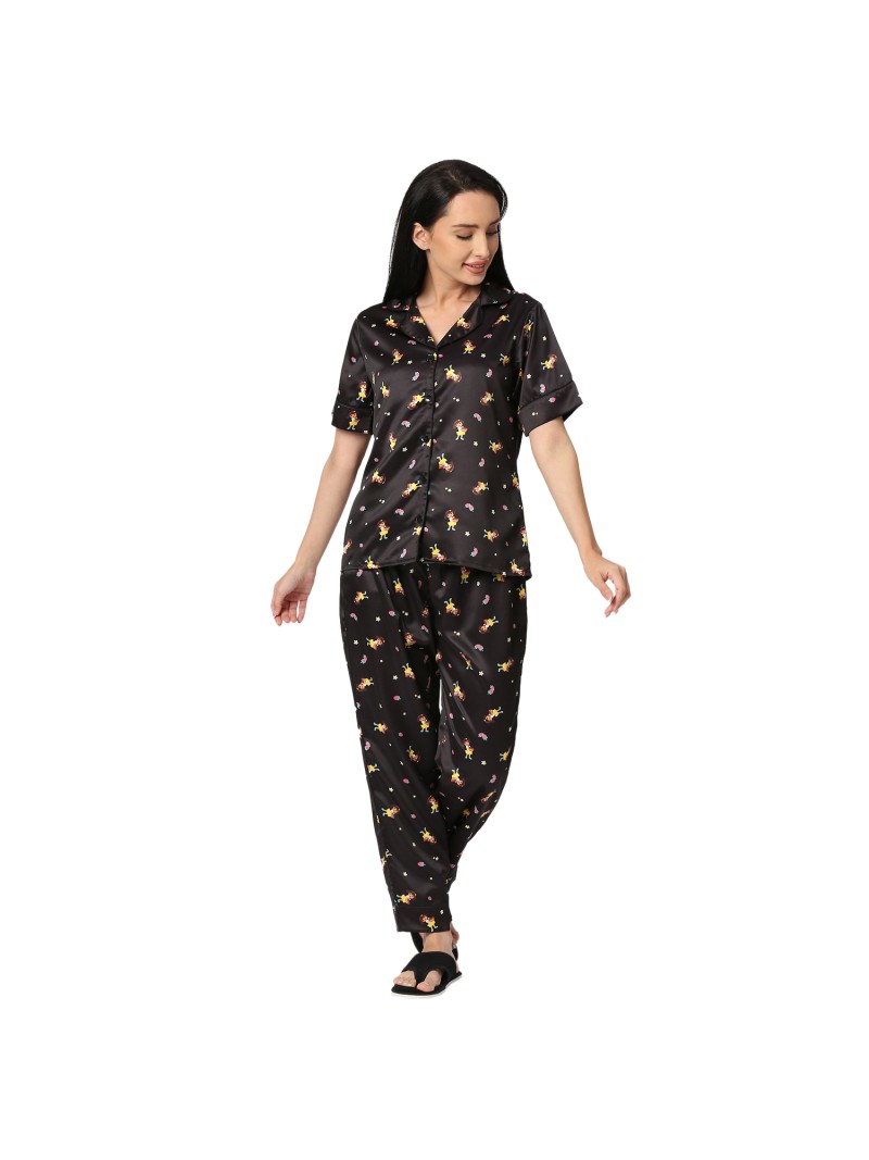 Smarty Pants women's silk satin black color quirky printed night suit. (SMNSP-880)