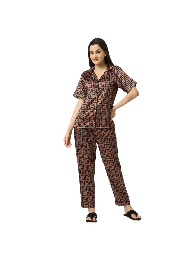 Aztec Printed Brown Color Silk Satin Night Suit | Smarty Pants