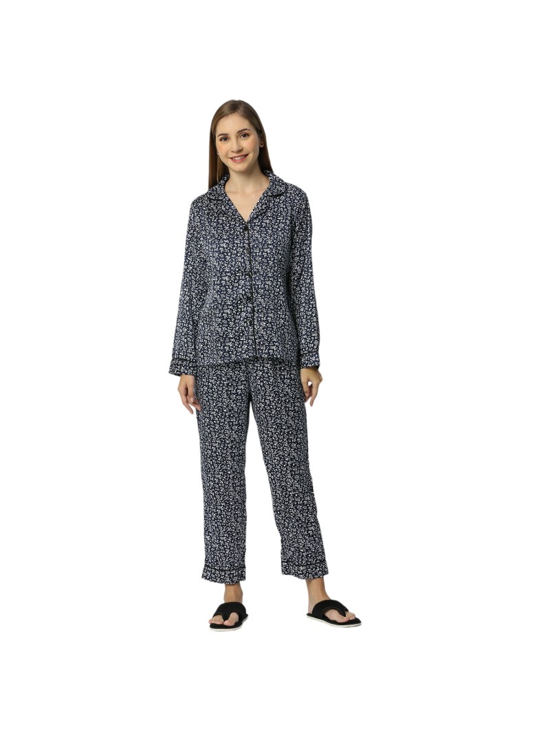 Smarty Pants women's silk satin navy blue color floral print full sleeves night suit. (SMNSP-911B)