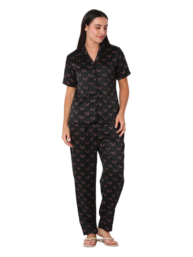 Smarty Pants women's silk satin black color dog print night suit. (SMNSP-919A)