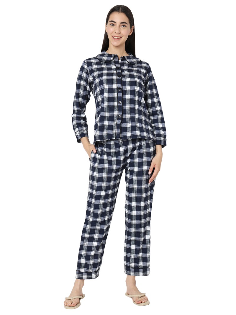 Smarty Pants women's brush cotton white & blue color checks night suit. (SMNSP-920B)