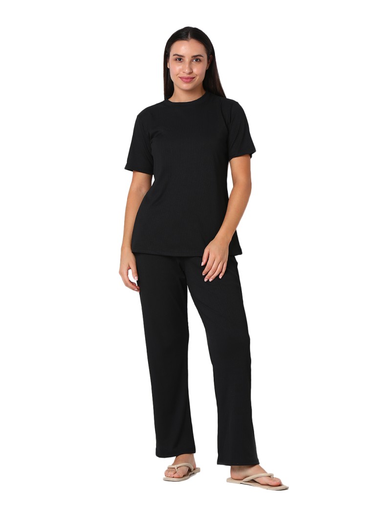 Smarty Pants women's cotton rib black color round neck night suit. (SMNSP-922A)