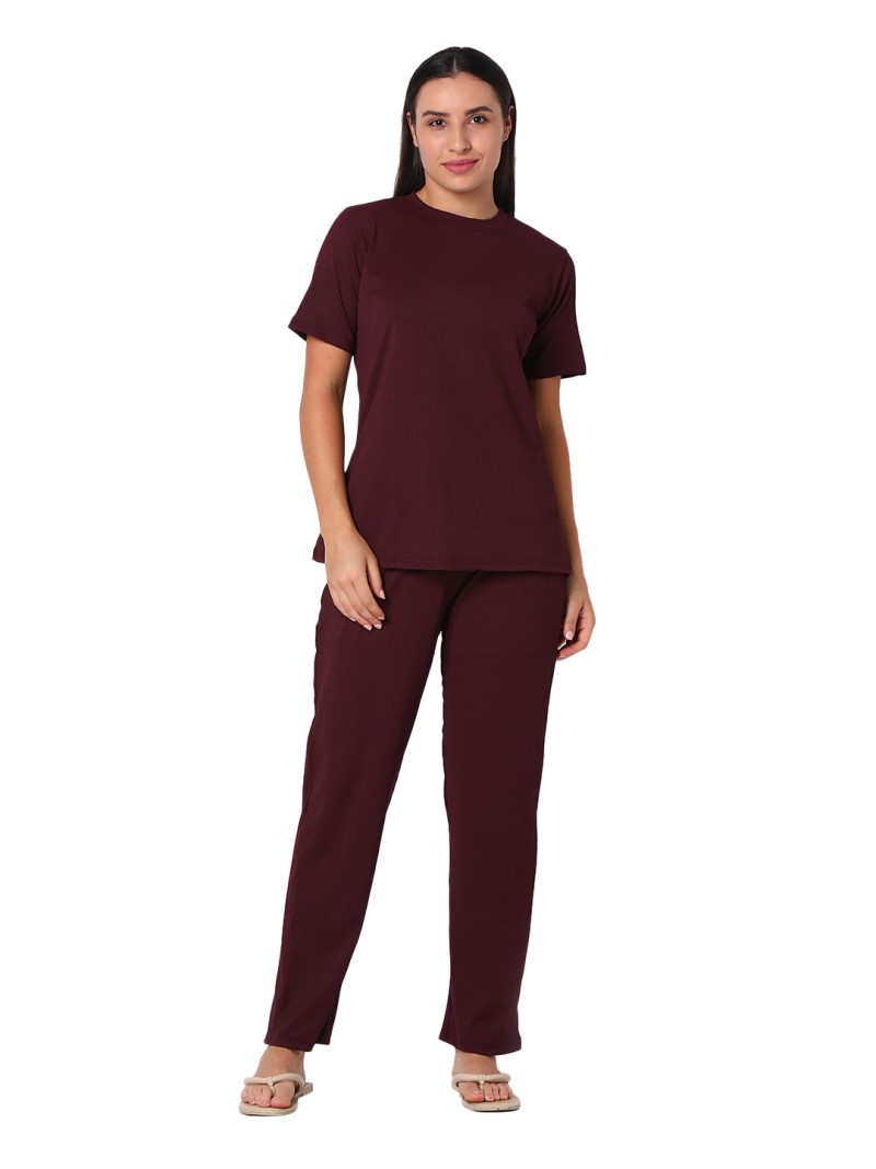 Smarty Pants women's cotton wine color round neck night suit. (SMNSP-922D)