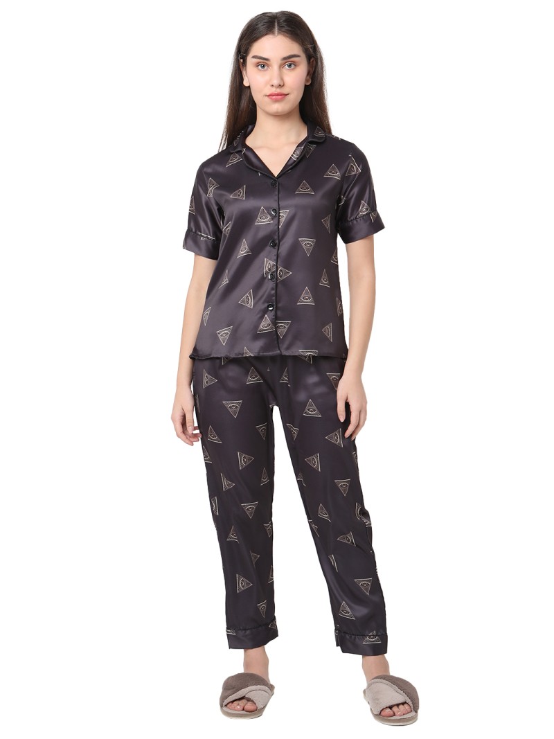 Smarty Pants women's silk satin black color triangle print night suit. (SMNSP-932)
