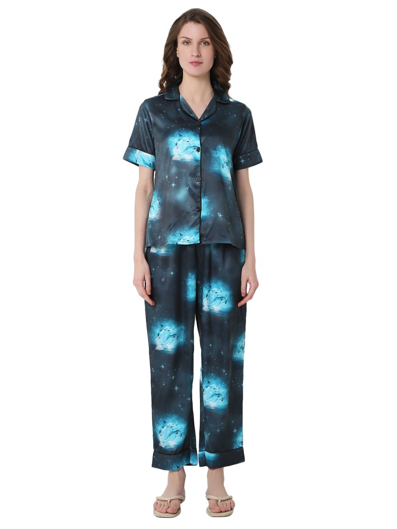 Smarty Pants women's silk satin blue color dolphin print night suit. (SMNSP-934)