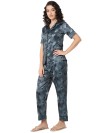 Smarty Pants women's silk satin chocolate grey color palm tree printed night suit. (SMNSP-935)