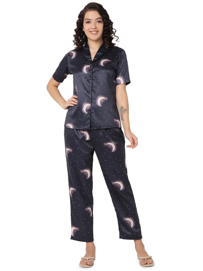 Smarty Pants women's silk satin teal blue color moon printed night suit. (SMNSP-938)