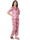 Smarty Pants women's silk satin pink color palm tree printed night suit. (SMNSP-940)