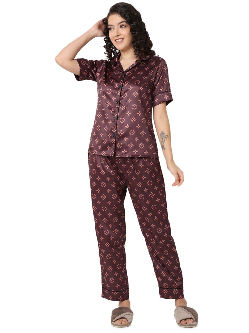  Smarty Pants women's silk satin brown color aztec printed night suit.(SMNSP-941)