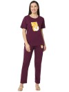 Smarty Pants women's cotton lycra wine color teddy print night suit. (SMNSP-961)