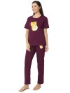 Smarty Pants women's cotton lycra wine color teddy print night suit. (SMNSP-961)