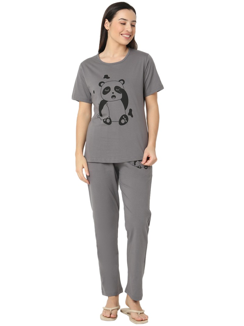 Smarty Pants women's cotton lycra grey color panda print night suit. (SMNSP-962)