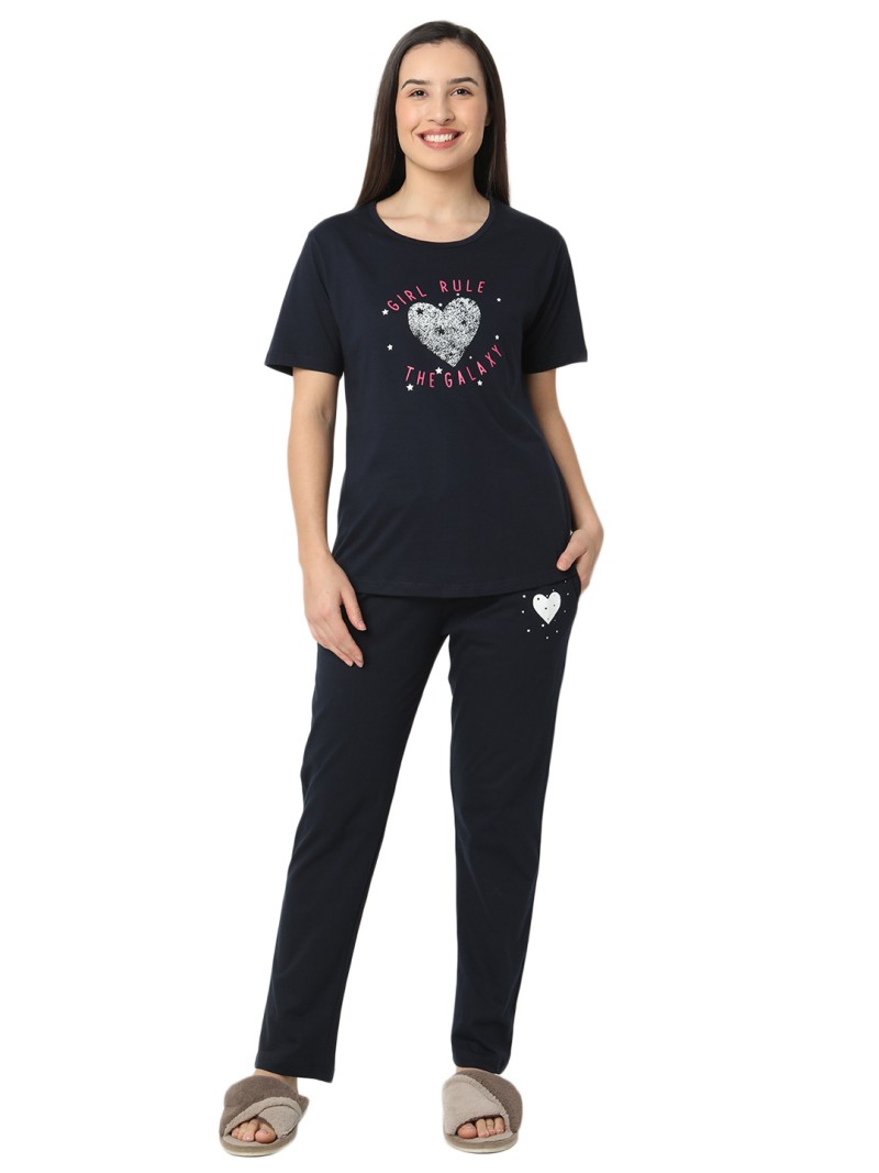 Smarty Pants women's cotton lycra navy blue color heart print night suit. (SMNSP-964)