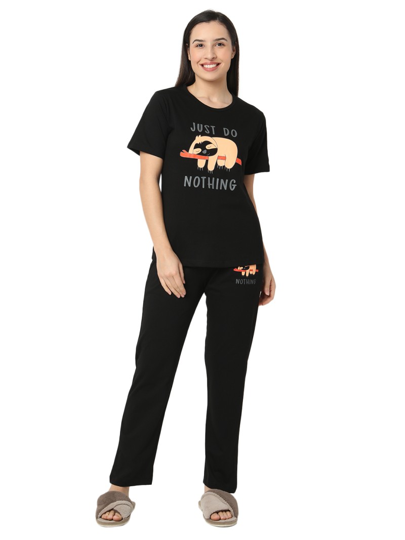 Smarty Pants women's cotton lycra black color printed night suit. (SMNSP-965)