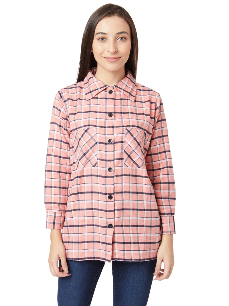 Smarty Pants women's cotton wool pink color checkered long line shirt.