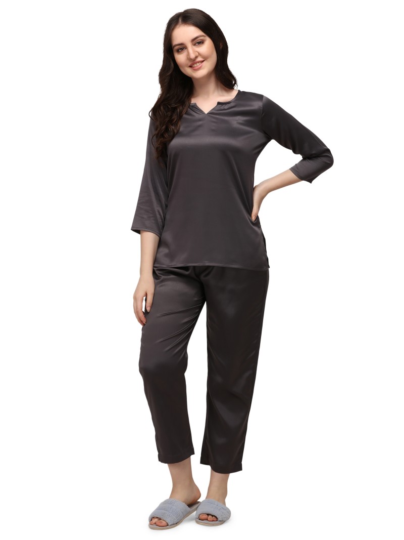 Smarty Pants women's silk satin dark grey color night suit pair. (SMNSP-504C)