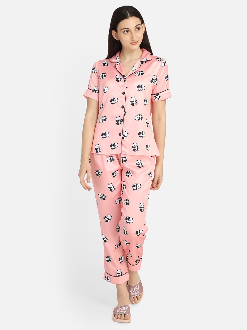 Smarty Pants women's silk satin pink color panda print lapel collar night suit. (SMNSP-526)