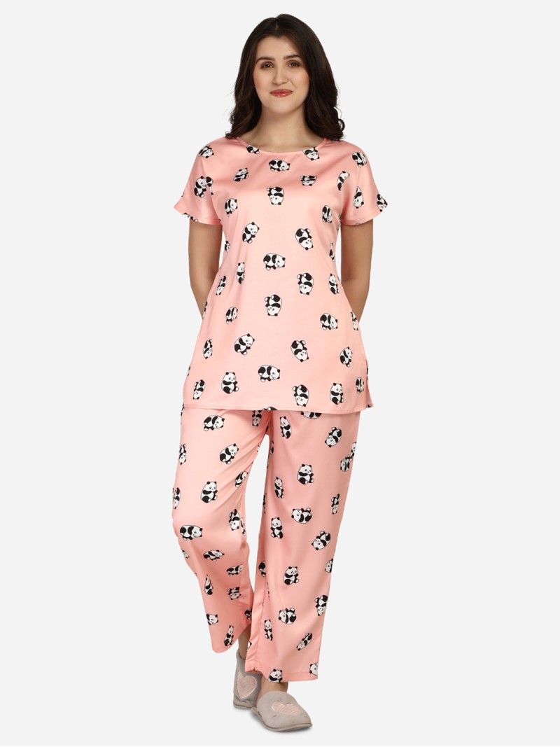 Smarty Pants women's silk satin pink color panda print night suit pair. (SMNSP-554B)