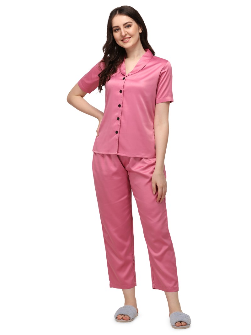 Smarty Pants women's silk satin shoulder collar pastel pink color night suit pair. 