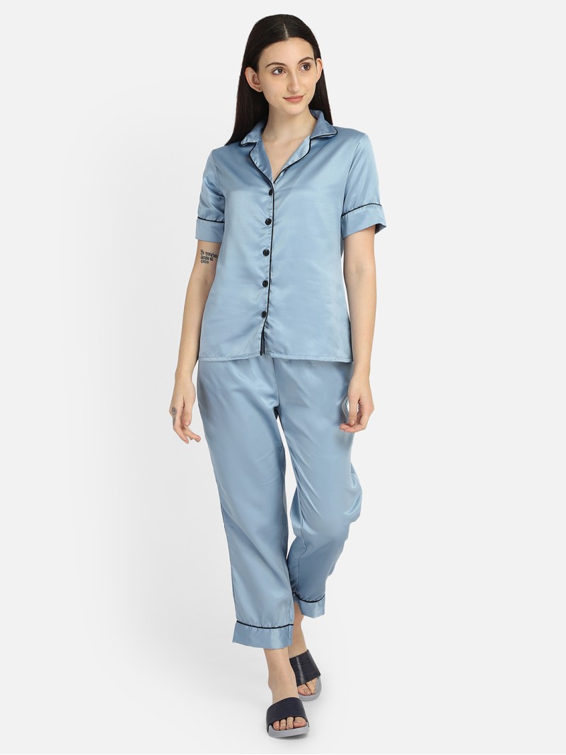 Smarty Pants women's silk satin slate blue lapel collar night suit. (SMNSP-527)